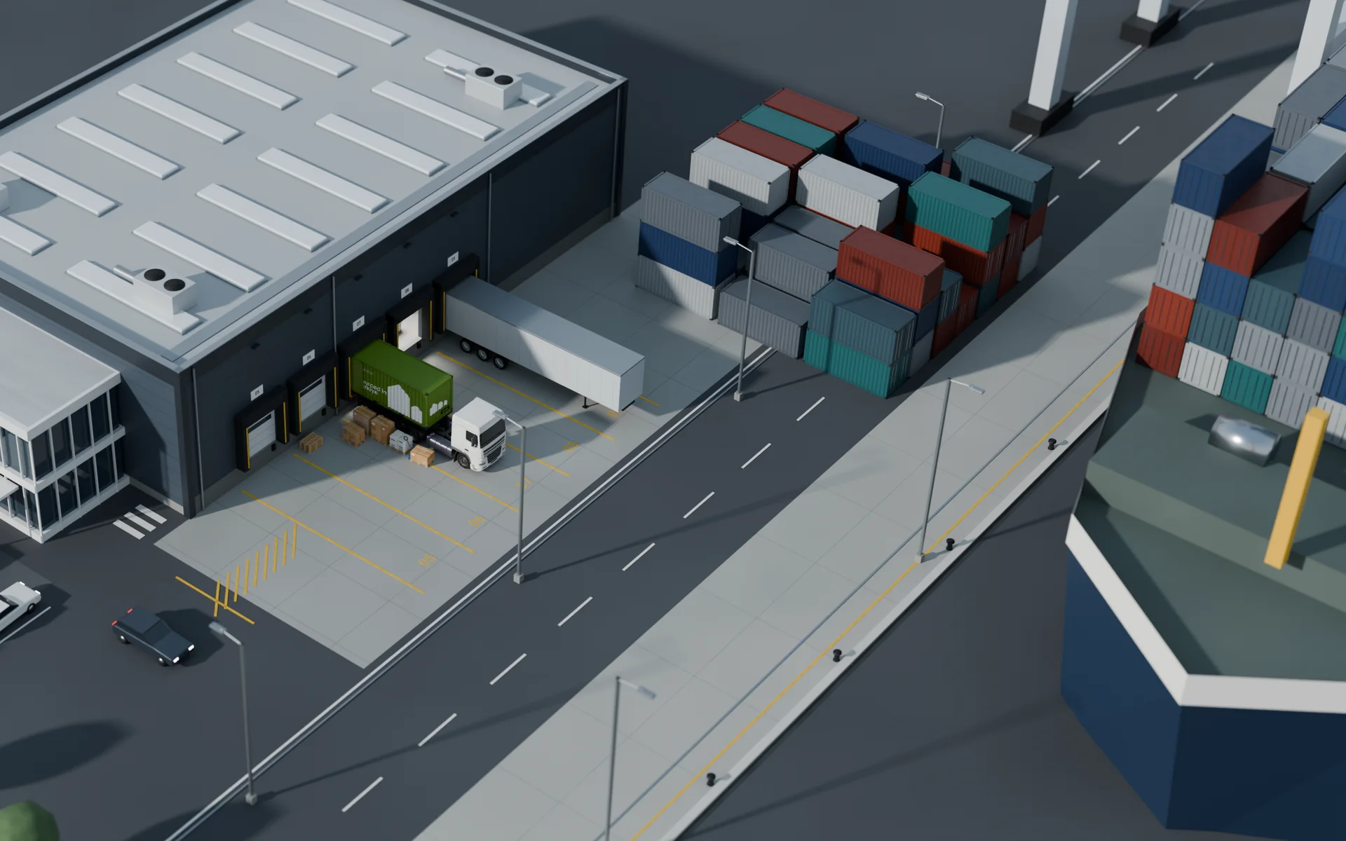 Illustration: the importer's warehouse at a northern European port; the same Lotvela container is unloaded at the dock.