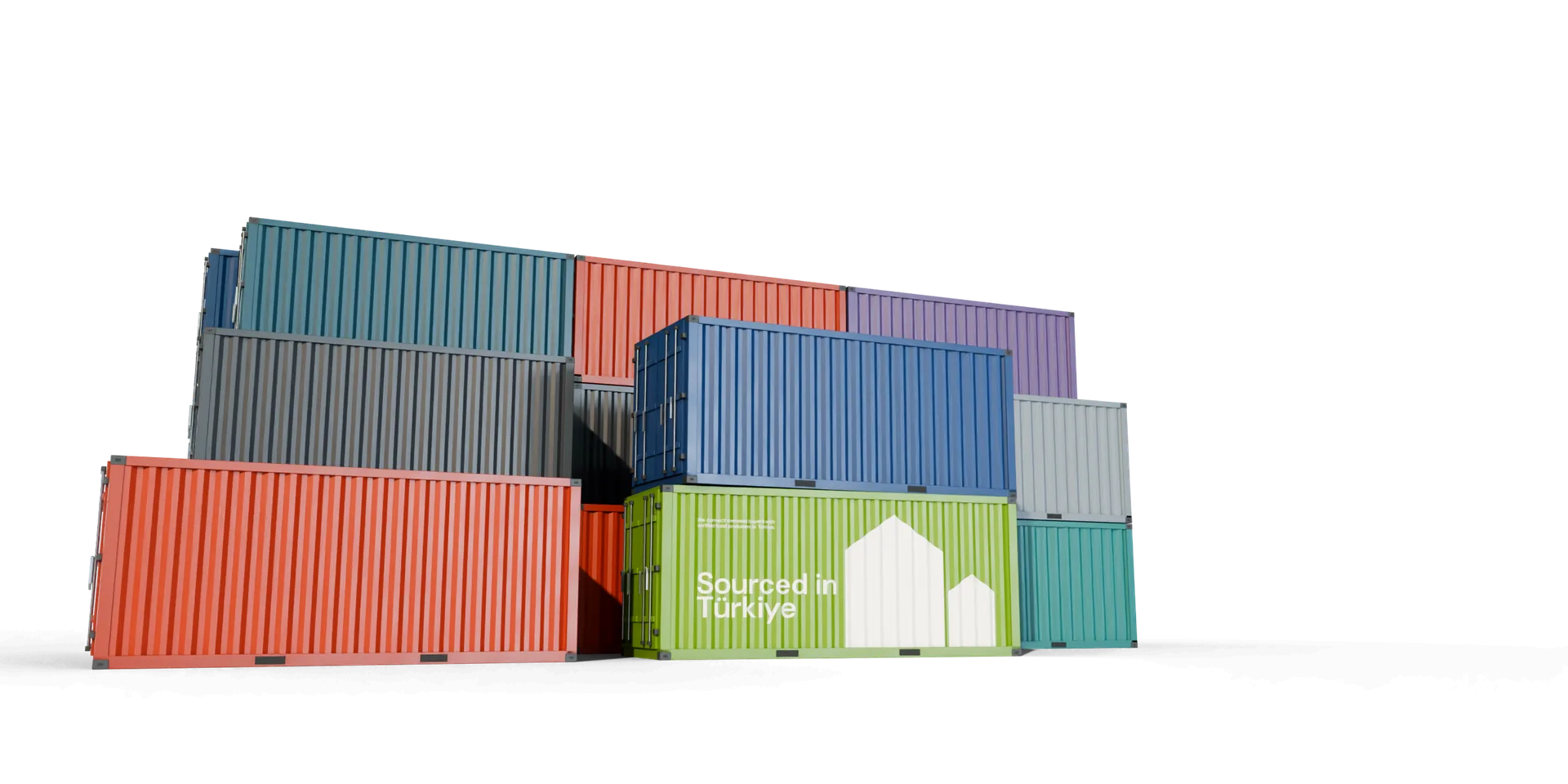 A stack of shipping containers with the green Lotvela container in front.