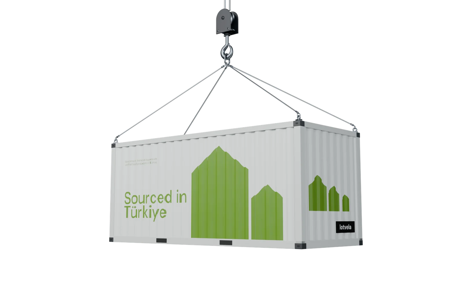 A white shipping container with the Lotvela mark, hanging from a crane hook.