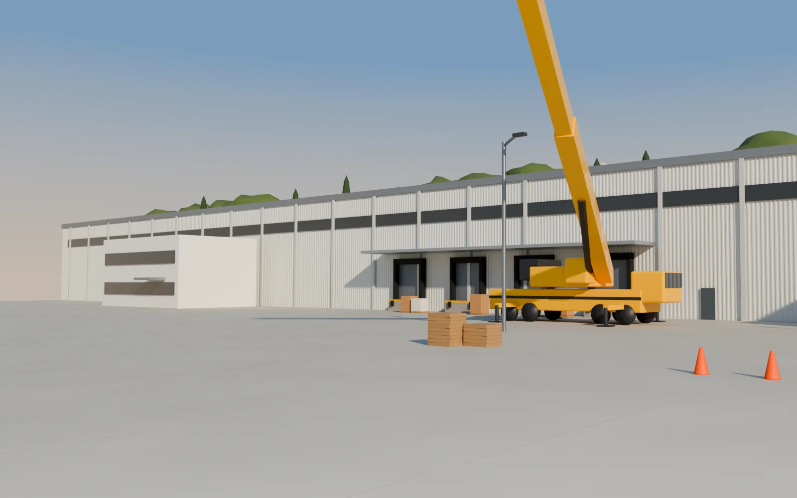 Illustration: the producer's loading yard, a mobile crane over the waiting truck.
