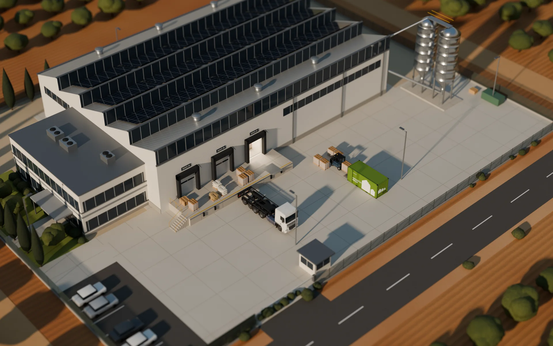 Illustration: a food producer's site near Gaziantep; the Lotvela container stands at the loading dock while a forklift loads pallets, an empty truck waits in the yard.