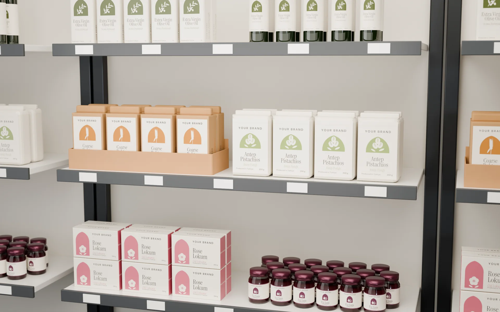 Products under the buyer's own label on a retail shelf: olive oil, bulgur in a shelf-ready tray, pistachios, lokum and fig jam, produced in Türkiye.